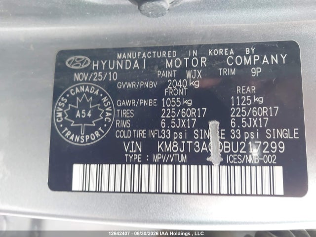Продажа на аукционе авто 2011 Hyundai Tucson Gl, vin: KM8JT3AC0BU217299, номер лота: 12642407