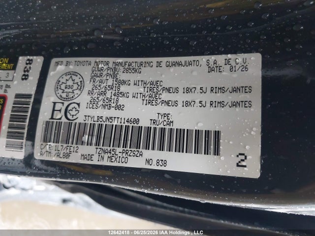 12642418 :رقم المزاد ، 3TYLB5JN5TT114600 vin ، 2026 Toyota Tacoma Double Cab/sr5/trd Sport/trd Off Road/ltd مزاد بيع