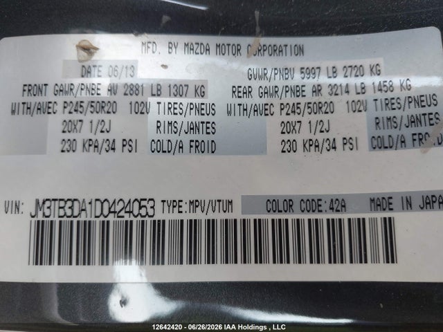 Продаж на аукціоні авто 2013 Mazda Cx-9 Grand Touring, vin: JM3TB3DA1D0424053, номер лоту: 12642420