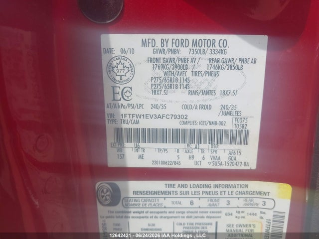 Продажа на аукционе авто 2010 Ford F150 Supercrew, vin: 1FTFW1EV3AFC79302, номер лота: 12642421