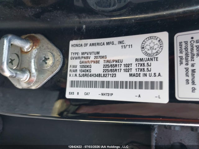 Продаж на аукціоні авто 2011 Honda Cr-v Lx, vin: 5J6RE4H34BL827123, номер лоту: 12642422