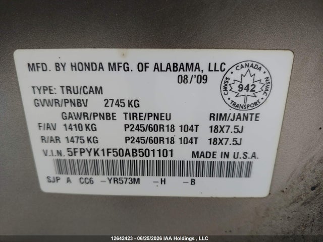 Продаж на аукціоні авто 2010 Honda Ridgeline Ex-l/vp, vin: 5FPYK1F50AB501101, номер лоту: 12642423