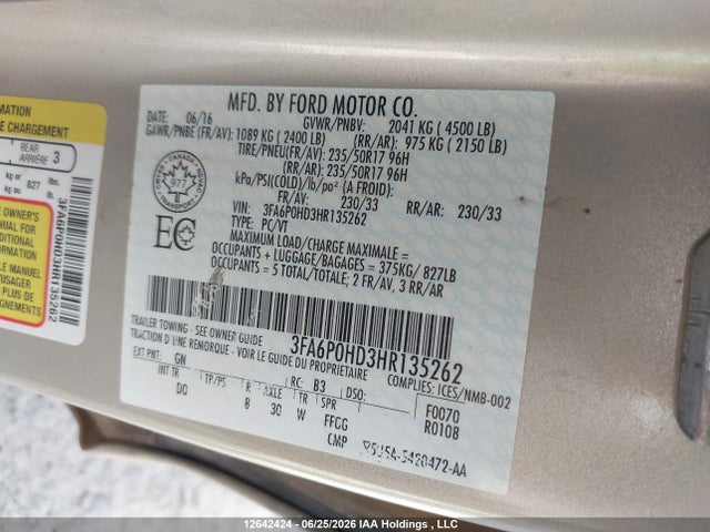 Ford FUSION SE 2017 3FA6P0HD3HR135262 Image 9
