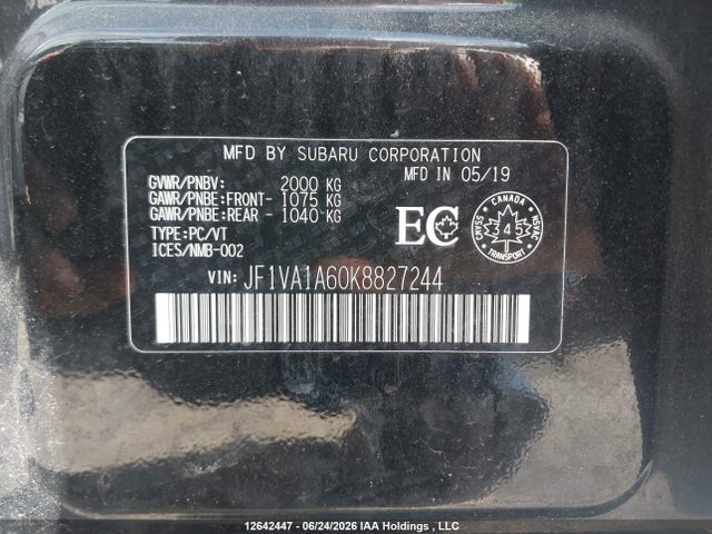 12642447 :رقم المزاد ، JF1VA1A60K8827244 vin ، 2019 Subaru Wrx مزاد بيع
