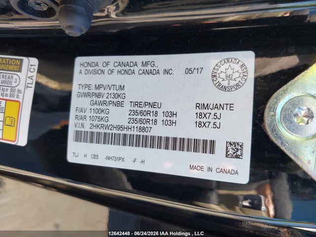 Продаж на аукціоні авто 2017 Honda Cr-v Touring, vin: 2HKRW2H95HH118807, номер лоту: 12642448