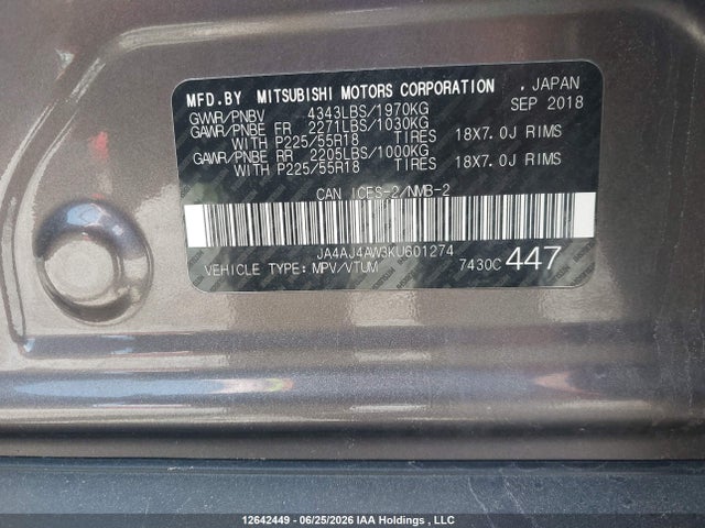 2019 Mitsubishi Rvr Gt/se Black Edition/se Limited Edition მანქანა იყიდება აუქციონზე, vin: JA4AJ4AW3KU601274, აუქციონის ნომერი: 12642449