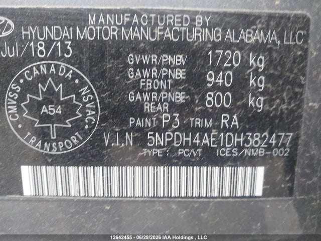 Aukcja sprzedaży 2013 Hyundai Elantra Gl, vin: 5NPDH4AE1DH382477, numer aukcji: 12642455