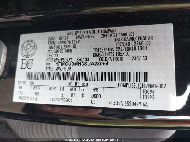 12642461 :رقم المزاد ، 1FMCU9MN3SUA28054 vin ، 2025 Ford Escape St Line مزاد بيع