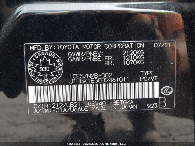 Продажа на аукционе авто 2011 Lexus Es 350 350, vin: JTHBK1EG0B2461011, номер лота: 12642465