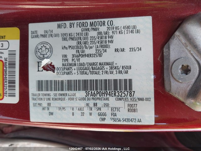 Продаж на аукціоні авто 2014 Ford Fusion Se, vin: 3FA6P0H94ER325787, номер лоту: 12642467