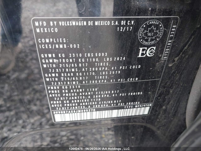 12642475 :رقم المزاد ، 3VV0B7AX9JM095270 vin ، 2018 Volkswagen Tiguan S مزاد بيع