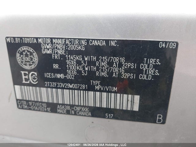 2009 Toyota Rav4 მანქანა იყიდება აუქციონზე, vin: 2T3ZF33V29W007281, აუქციონის ნომერი: 12642481