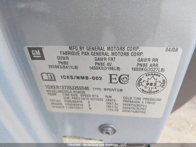 Aukcja sprzedaży 2008 Gmc Acadia Sle, vin: 1GKER13728J269346, numer aukcji: 12642486