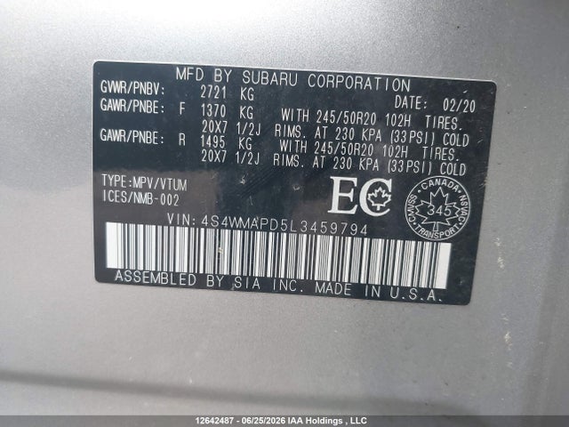 12642487 :رقم المزاد ، 4S4WMAPD5L3459794 vin ، 2020 Subaru Ascent Limited مزاد بيع
