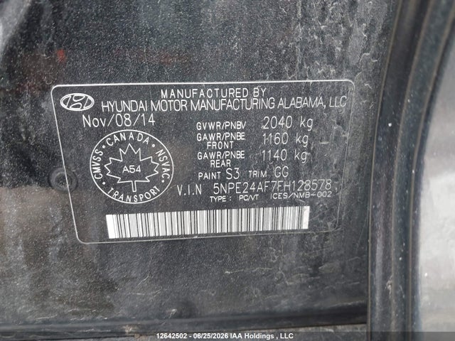 12642502 :رقم المزاد ، 5NPE24AF7FH128578 vin ، 2015 Hyundai Sonata Gl مزاد بيع