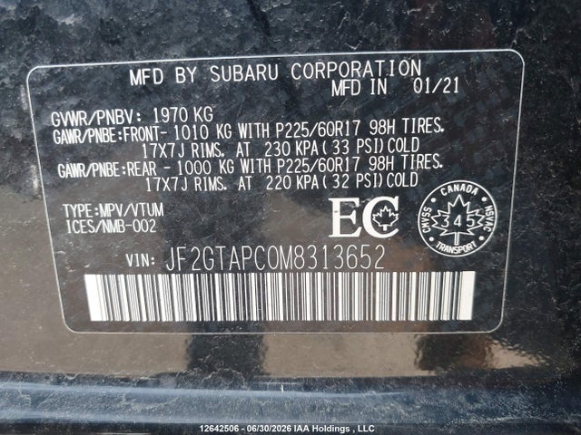 12642506 :رقم المزاد ، JF2GTAPC0M8313652 vin ، 2021 Subaru Crosstrek Touring مزاد بيع