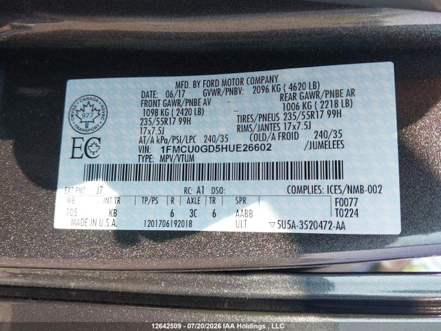 Ford ESCAPE SE 2017 1FMCU0GD5HUE26602 Image 9
