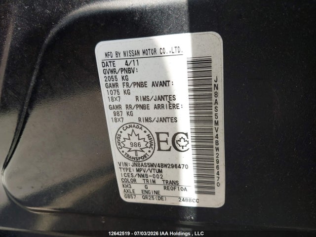 12642519 :رقم المزاد ، JN8AS5MV4BW296470 vin ، 2011 Nissan Rogue S/sv/krom مزاد بيع