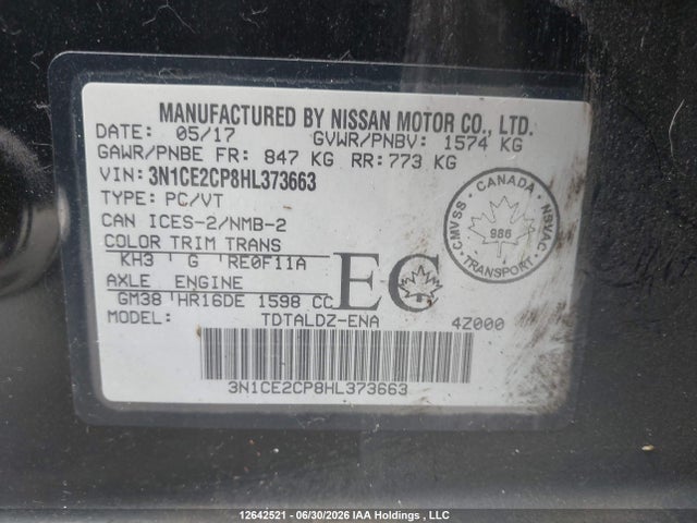 2017 Nissan Versa Note 1.6 S/1.6 Sl/1.6 Sr/1.6 Sv მანქანა იყიდება აუქციონზე, vin: 3N1CE2CP8HL373663, აუქციონის ნომერი: 12642521
