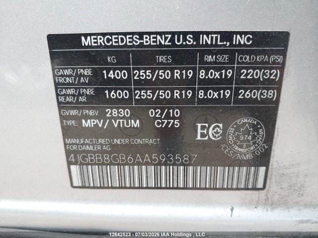 12642523 :رقم المزاد ، 4JGBB8GB6AA593587 vin ، 2010 Mercedes-benz Ml 350 4matic مزاد بيع