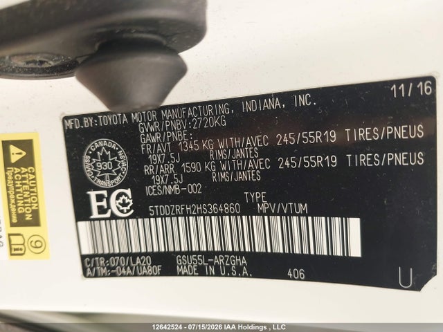 Toyota Highlander 2017 5TDDZRFH2HS364860 Image 9
