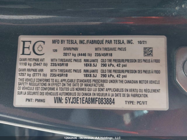 Tesla Model 3 Standard Range/standard Range Plus 2021 5YJ3E1EA8MF083884 Image 9