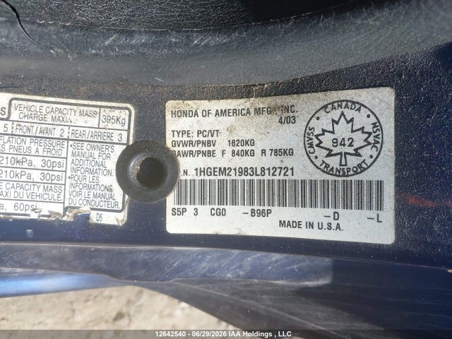 2003 Honda Civic მანქანა იყიდება აუქციონზე, vin: 1HGEM21983L812721, აუქციონის ნომერი: 12642540