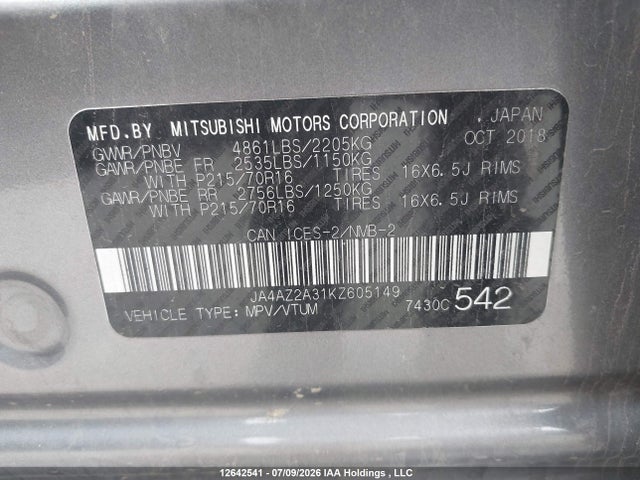 Mitsubishi Outlander 2019 JA4AZ2A31KZ605149 Image 9
