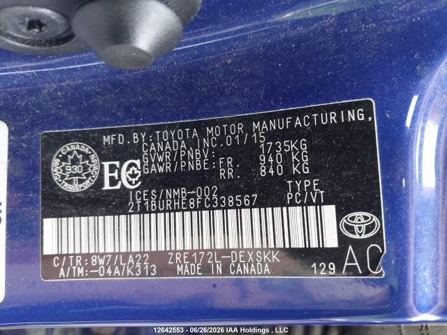 Toyota Corolla S 2015 2T1BURHE8FC338567 Image 9