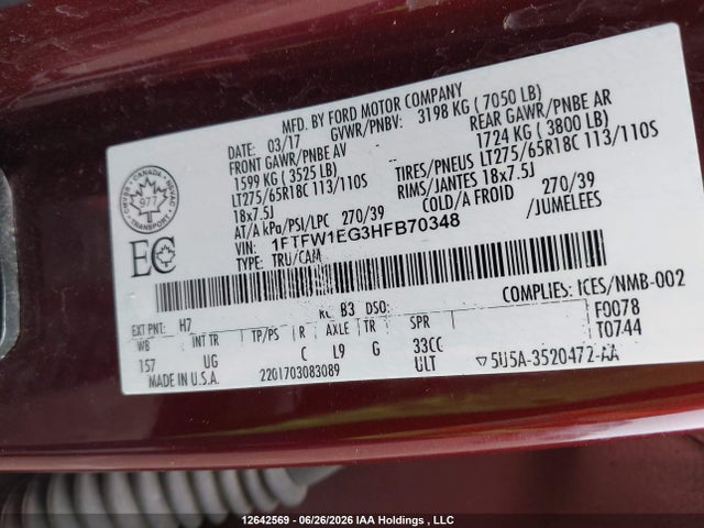 Ford F150 Supercrew 2017 1FTFW1EG3HFB70348 Image 9
