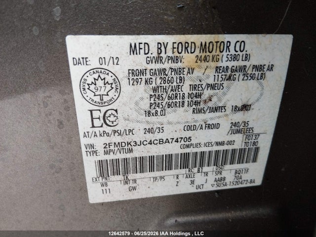 2012 Ford Edge Sel მანქანა იყიდება აუქციონზე, vin: 2FMDK3JC4CBA74705, აუქციონის ნომერი: 12642579
