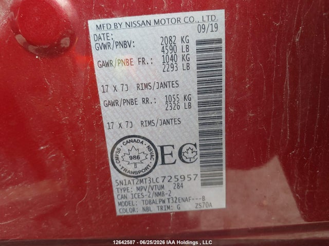 2020 Nissan Rogue S/sl/sv მანქანა იყიდება აუქციონზე, vin: 5N1AT2MT3LC725957, აუქციონის ნომერი: 12642587