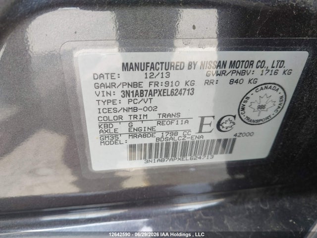 Aukcja sprzedaży 2014 Nissan Sentra 1.8 S/1.8 Sl/1.8 Sr/1.8 Sv, vin: 3N1AB7APXEL624713, numer aukcji: 12642590