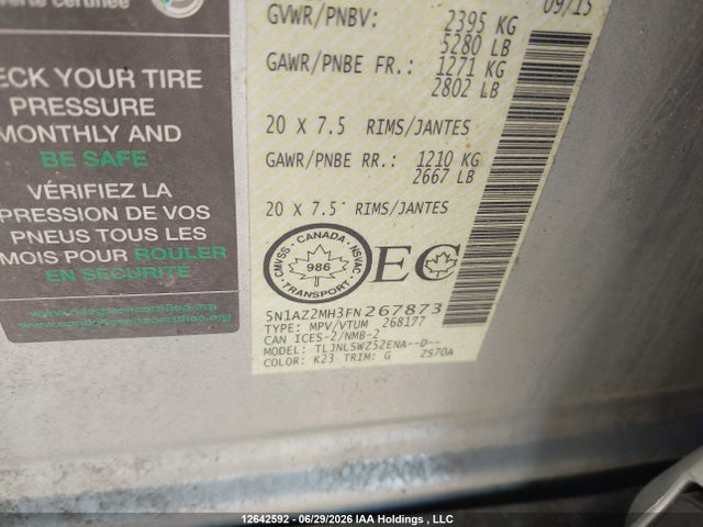 Продаж на аукціоні авто 2015 Nissan Murano Platinum/sl/sv, vin: 5N1AZ2MH3FN267873, номер лоту: 12642592