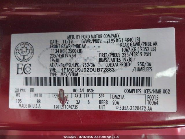 2013 Ford Escape Titanium მანქანა იყიდება აუქციონზე, vin: 1FMCU9J92DUB72883, აუქციონის ნომერი: 12642606