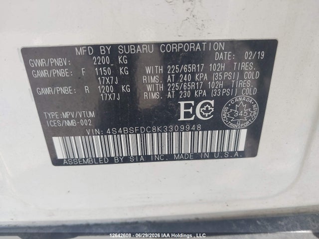 Продажа на аукционе авто 2019 Subaru Outback 3.6r Touring, vin: 4S4BSFDC8K3309948, номер лота: 12642608