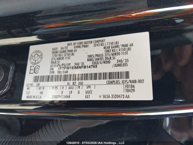 1FTFW1E88NFB14765 Ford F-150 King Ranch/lariat/limited/platinum/tremor/xl/xlt