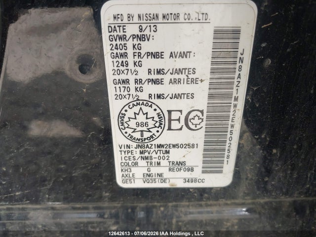 Aukcja sprzedaży 2014 Nissan Murano Platinum/s/sl/sv, vin: JN8AZ1MW2EW502581, numer aukcji: 12642613