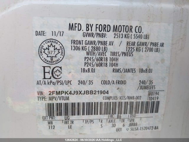 Auction sale of the 2018 Ford Edge Sel, vin: 2FMPK4J9XJBB21904, lot number: 12642624