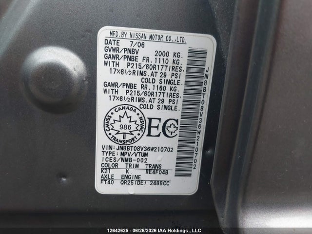 2006 Nissan X-trail Xe/se მანქანა იყიდება აუქციონზე, vin: JN8BT08V36W210702, აუქციონის ნომერი: 12642625