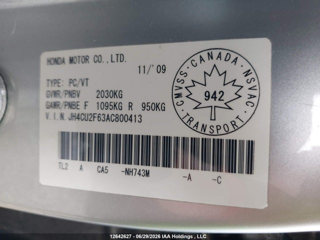 12642627 :رقم المزاد ، JH4CU2F63AC800413 vin ، 2010 Acura Tsx مزاد بيع