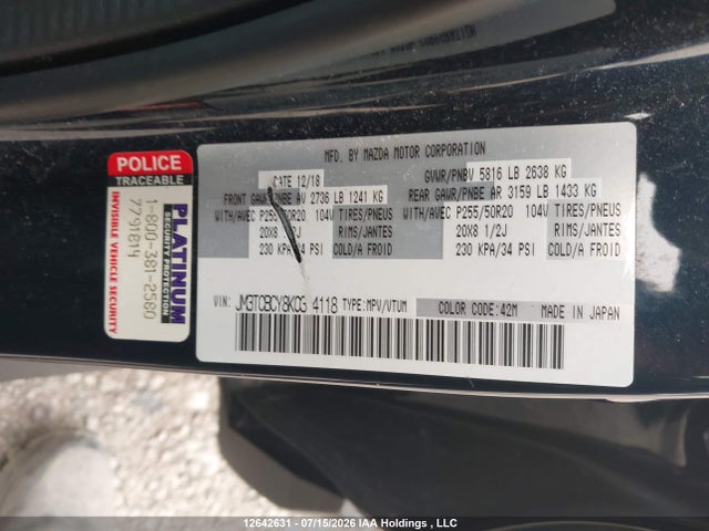 Aukcja sprzedaży 2019 Mazda Cx-9 Gs-l, vin: JM3TCBCY8K0314118, numer aukcji: 12642631