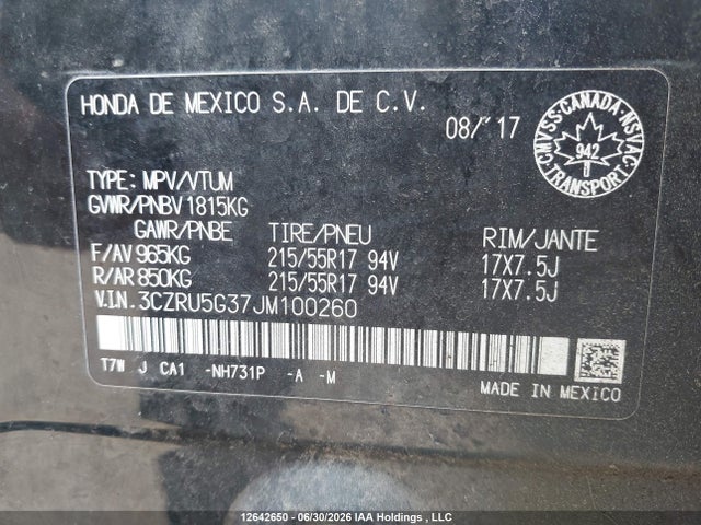 2018 Honda Hr-v Lx მანქანა იყიდება აუქციონზე, vin: 3CZRU5G37JM100260, აუქციონის ნომერი: 12642650