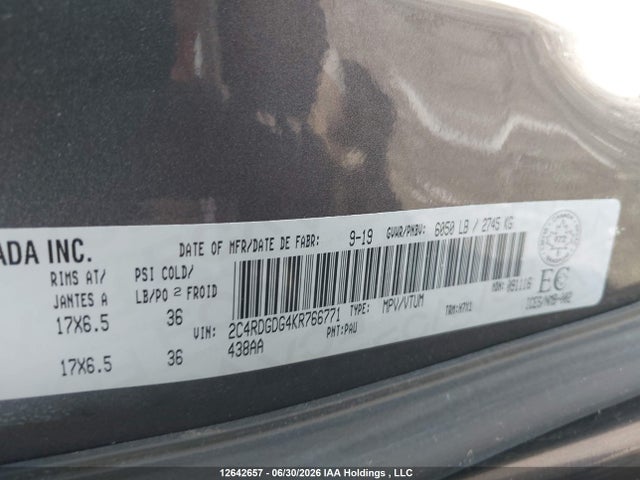 12642657 :رقم المزاد ، 2C4RDGDG4KR766771 vin ، 2019 Dodge Grand Caravan Crew مزاد بيع