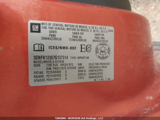 12642660 :رقم المزاد ، 3GNFK12367G137314 vin ، 2007 Chevrolet Avalanche 1500 Ls/lt/ltz مزاد بيع