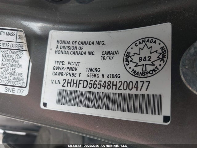 12642672 :رقم المزاد ، 2HHFD56548H200477 vin ، 2008 Acura Csx مزاد بيع