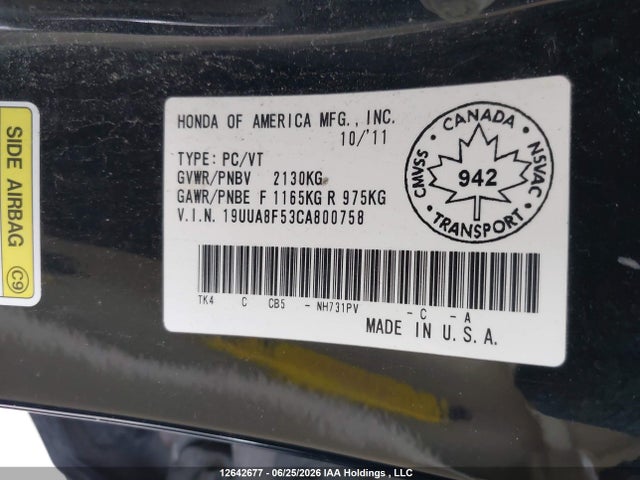 2012 Acura Tl მანქანა იყიდება აუქციონზე, vin: 19UUA8F53CA800758, აუქციონის ნომერი: 12642677