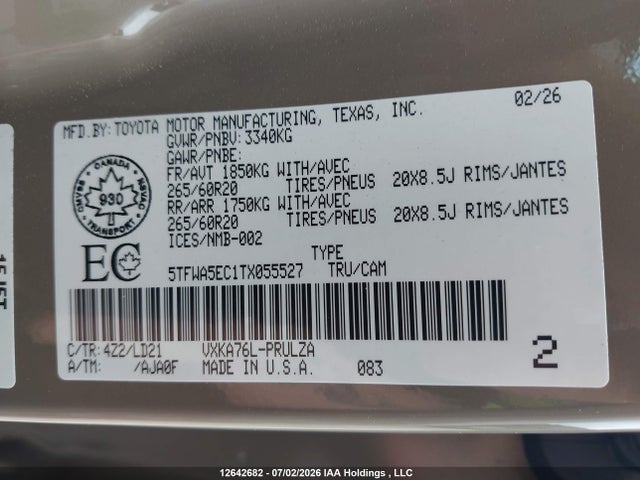 Aukcja sprzedaży 2026 Toyota Tundra, vin: 5TFWA5EC1TX055527, numer aukcji: 12642682