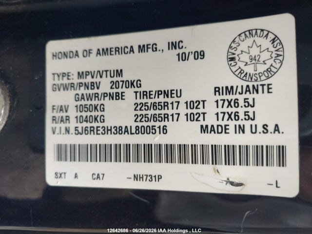 12642686 :رقم المزاد ، 5J6RE3H38AL800516 vin ، 2010 Honda Cr-v Lx مزاد بيع