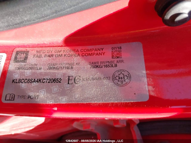 Продаж на аукціоні авто 2019 Chevrolet Spark 1lt Manual, vin: KL8CC6SA4KC720652, номер лоту: 12642687